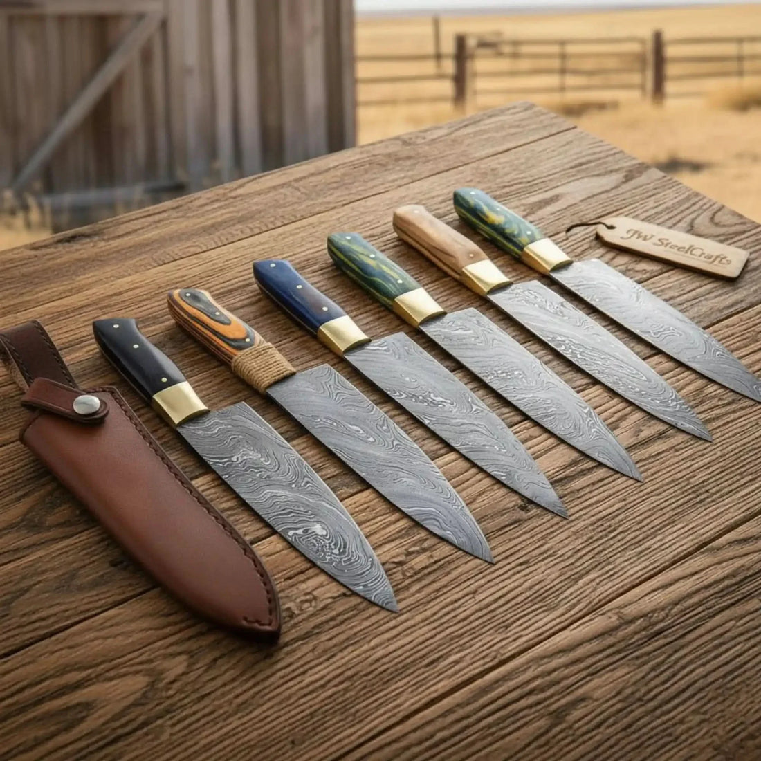 6-Piece Slim-Profile Twisted Damascus Chef Knife Set with Brass Bolsters | JW Steel Crafts