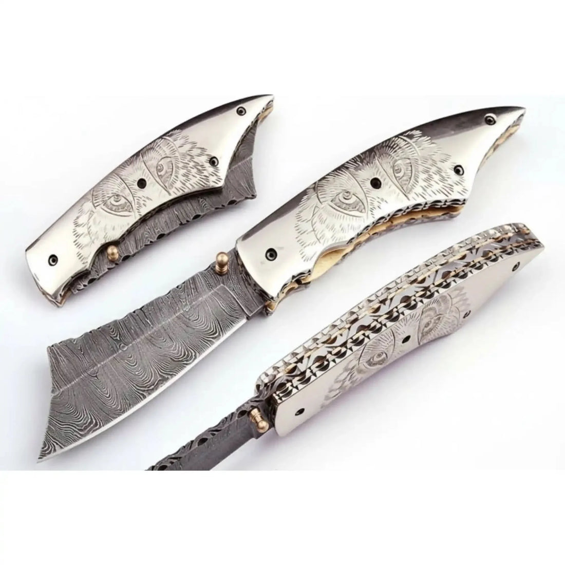 Handmade Damascus Folding Knife with Wolf Engraved Bone Handle &amp; Leather Sheath