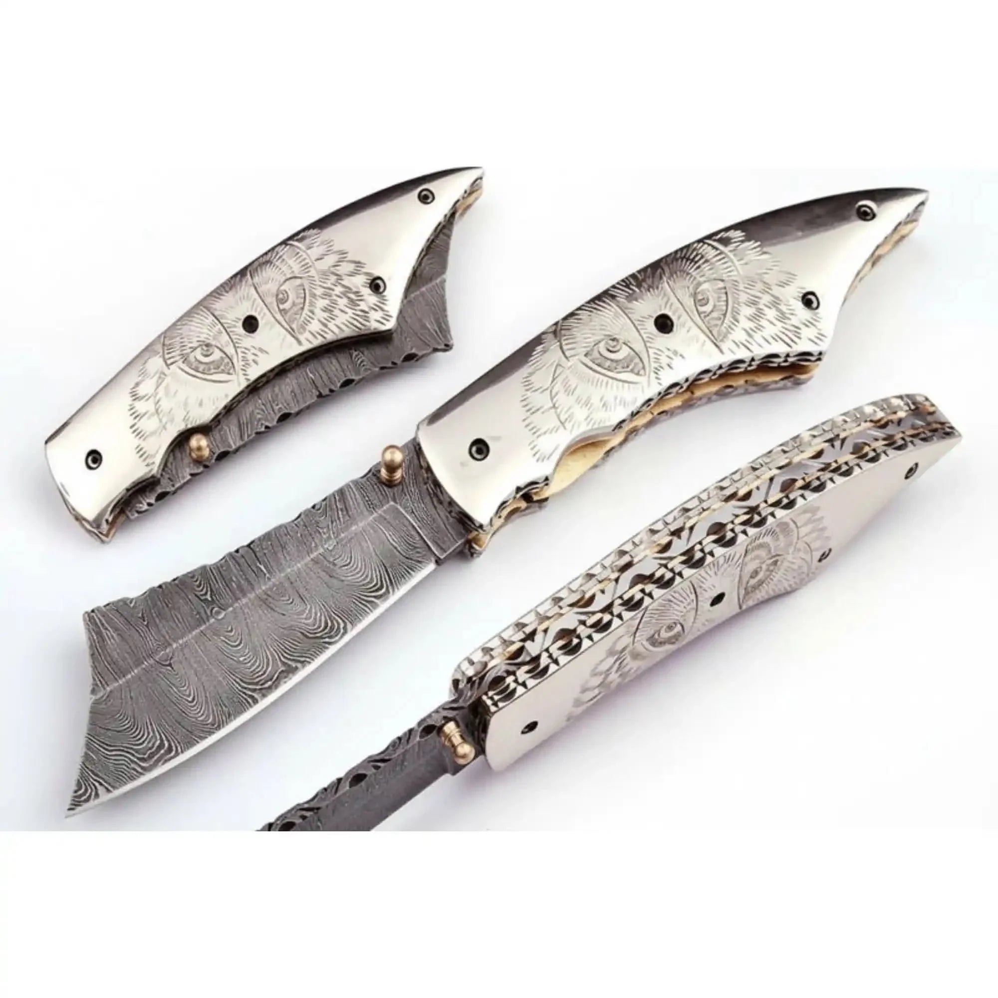 Handmade Damascus Folding Knife with Wolf Engraved Bone Handle &amp; Leather Sheath