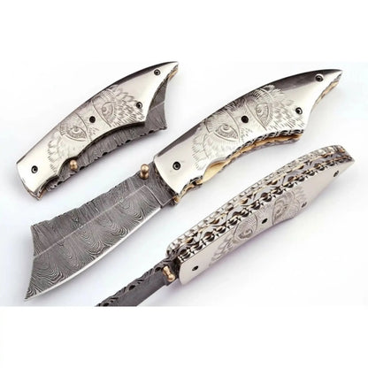 Handmade Damascus Folding Knife with Wolf Engraved Bone Handle &amp; Leather Sheath