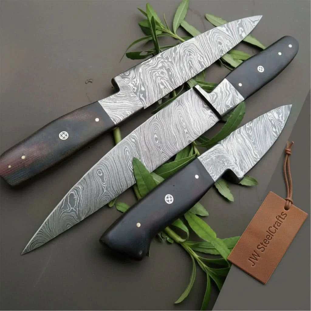 3-Piece Twisted Damascus Kitchen Knife Set — 10" Chef &amp; Utility Knives with 7" Paring Knife and Black Micarta Handles