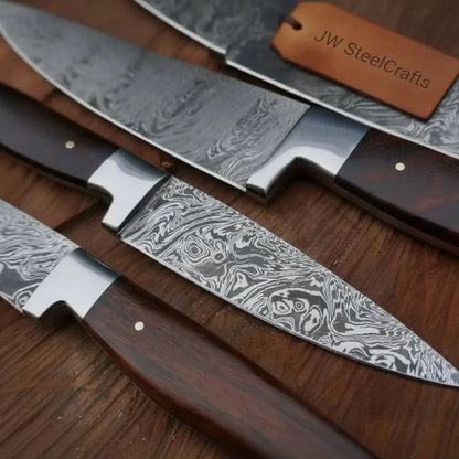Handmade Damascus Kitchen Knife Set with Walnut Wood Handle - Professional Chef&