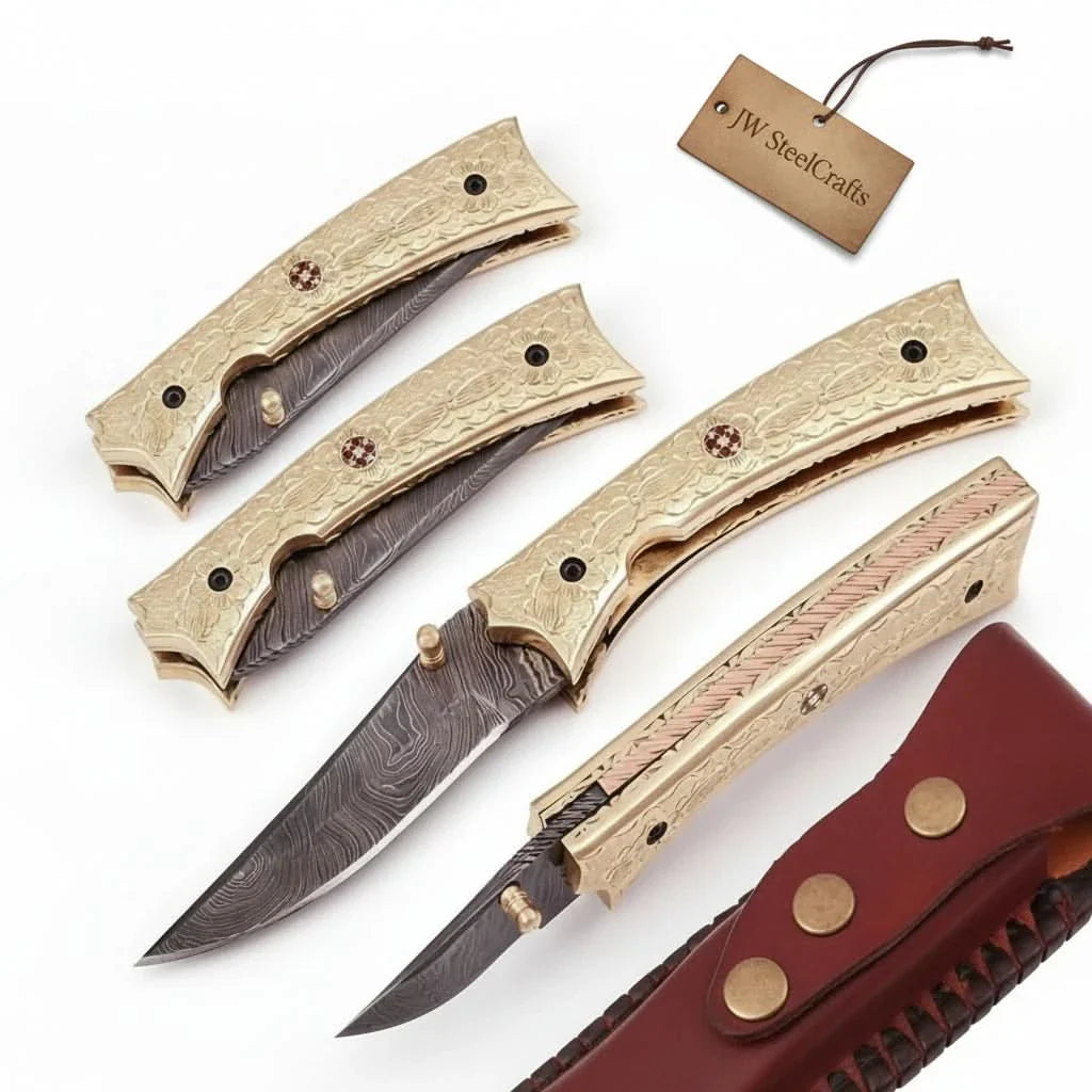 Handmade Damascus Folding Knife with Engraved Brass Handle &amp; Precision Lock | JW SteelCrafts