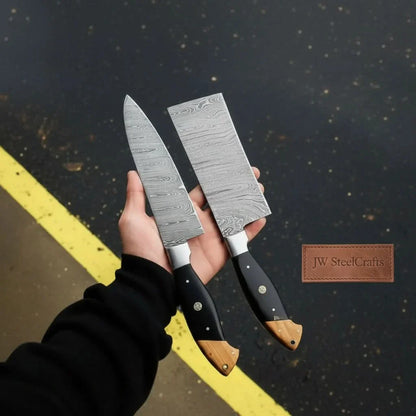 Premium Damascus Cleaver and Santoku knife Set — Olive Wood &amp; Black Resin Handles, Full Tang Chef Knives