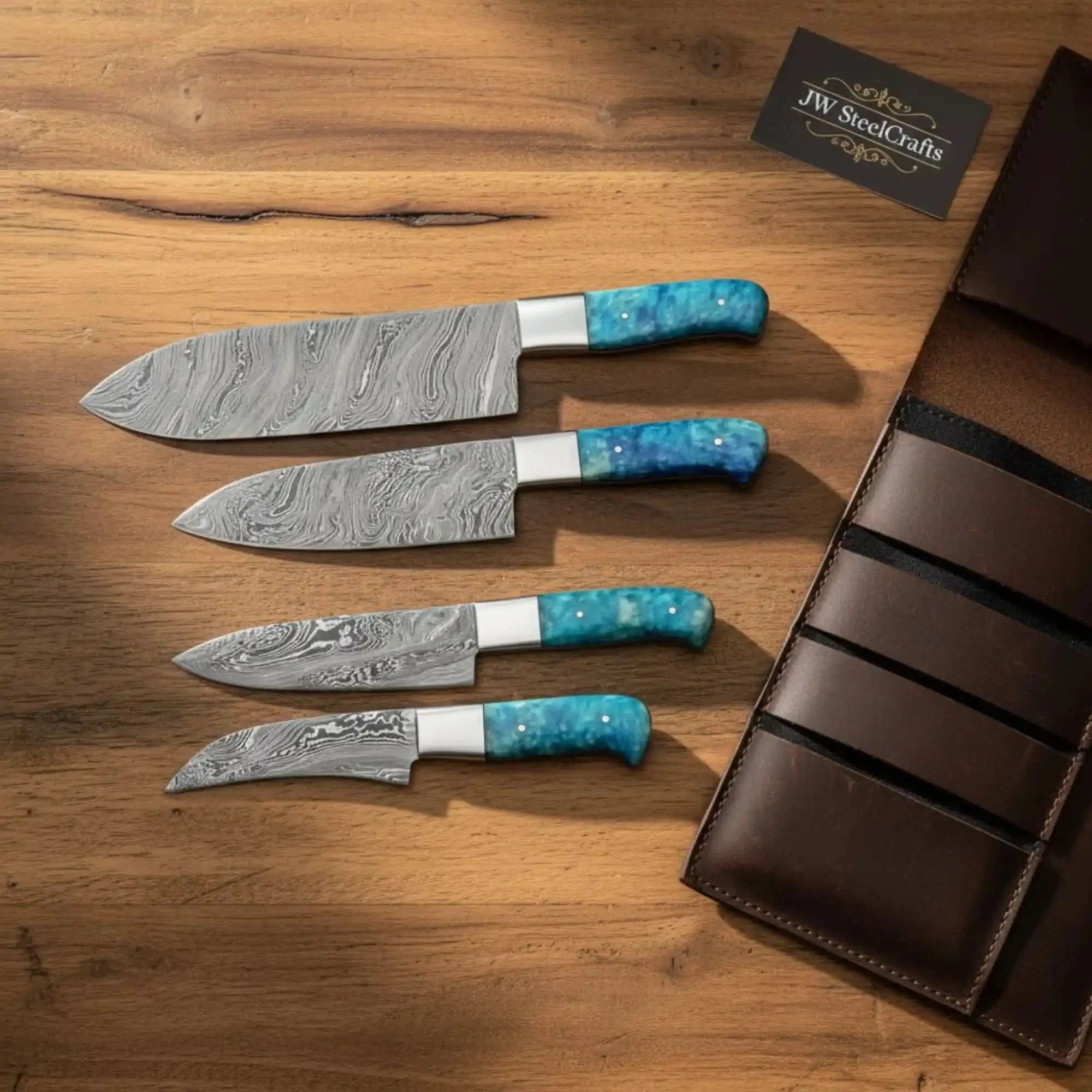 Damascus Chef Knife Set - 4-Piece Blue Resin Handles - 8” Gyuto, 6” Utility, 5” Petty &amp; 4” Paring