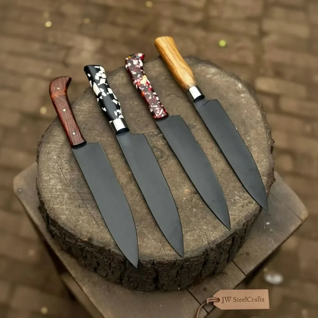 Black Blade Chef Knife Full Tang with Custom Handle &amp; Leather Sheath