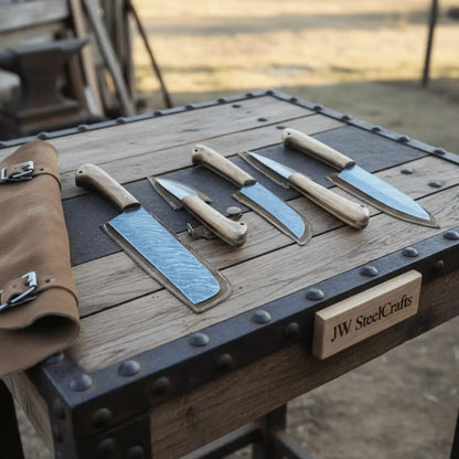 Hand Forged 5-Piece Damascus Knife Set — Cleaver, Chef, Skinner, Utility &amp; Paring Knife with Olive Wood Handles &amp; Leather Roll