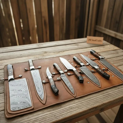 8-Piece Damascus Kitchen Knife Set — 7 to 13 Inch Blades with Black and Red Pakka Wood Handles, Mosaic Pins &amp; Leather Roll | JW Steel Crafts