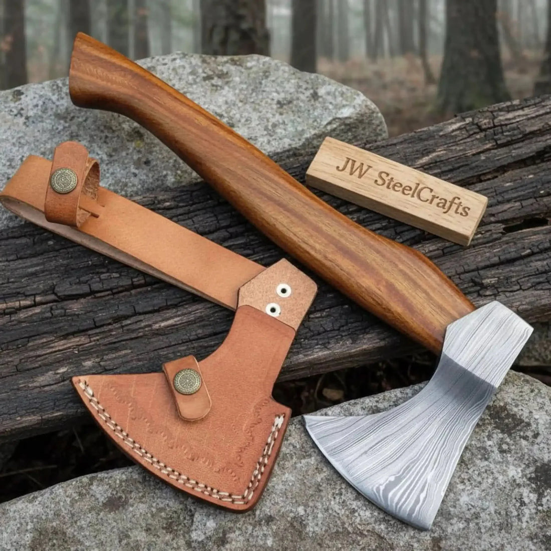Compact Damascus Steel Camping Axe with Hardwood Handle &amp; Leather Sheath