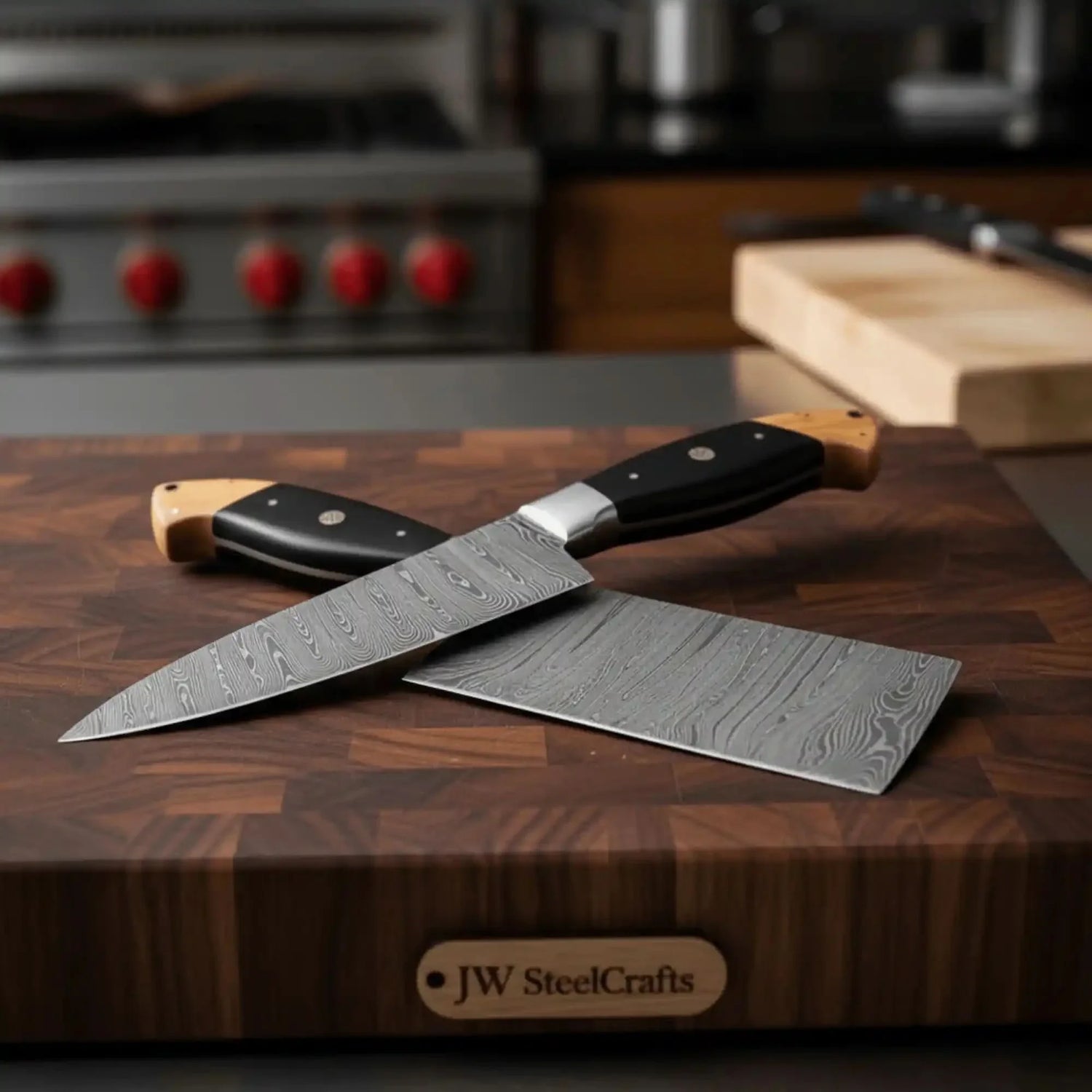 Premium Damascus Cleaver and Santoku knife Set — Olive Wood &amp; Black Resin Handles, Full Tang Chef Knives