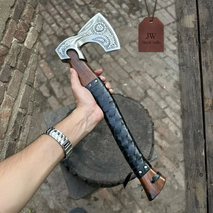 Viking Axe with Leather Wrapped Handle &amp; Engraved Head – JW SteelCrafts