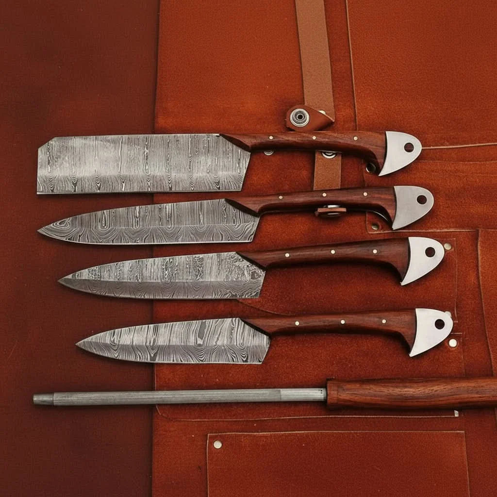 4-Piece Handmade Damascus Kitchen Knife Set – Rosewood Handles, Steel Bolsters &amp; Brass Pins | Chef, Santoku, Cleaver &amp; Utility | Leather Roll &amp; Honing Rod Included