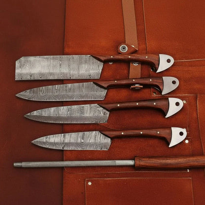 4-Piece Handmade Damascus Kitchen Knife Set – Rosewood Handles, Steel Bolsters &amp; Brass Pins | Chef, Santoku, Cleaver &amp; Utility | Leather Roll &amp; Honing Rod Included