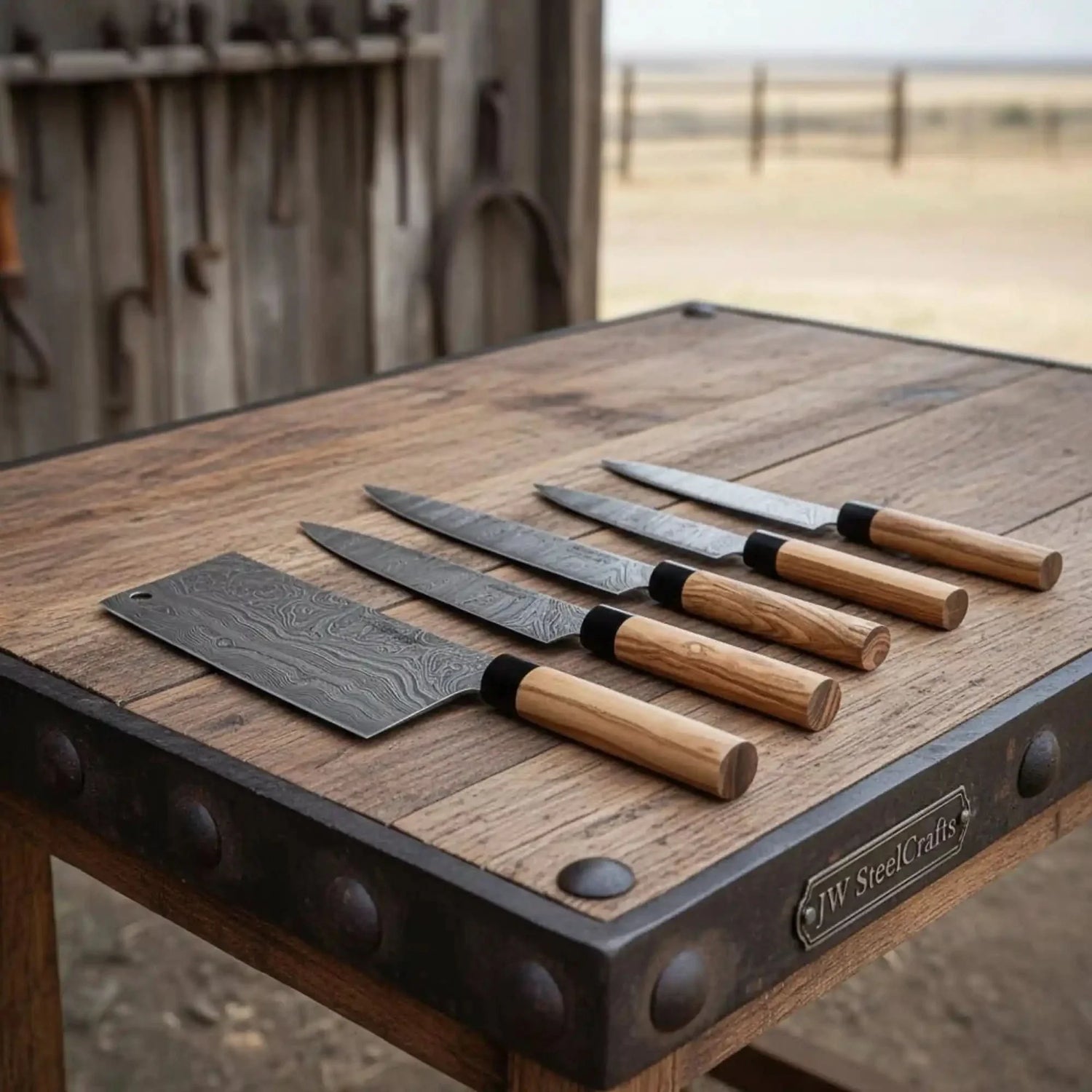 4-Piece Twisted Damascus Kitchen Knife Set — Chef, Nakiri, Slicer &amp; Paring with Olive Wood Wa Handles &amp; Black Leather Roll | JW Steel Crafts