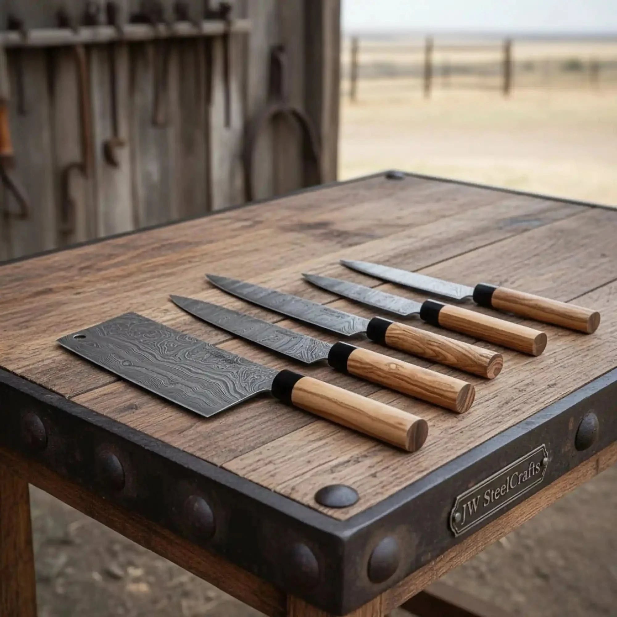 4-Piece Twisted Damascus Kitchen Knife Set — Chef, Nakiri, Slicer &amp; Paring with Olive Wood Wa Handles &amp; Black Leather Roll | JW Steel Crafts