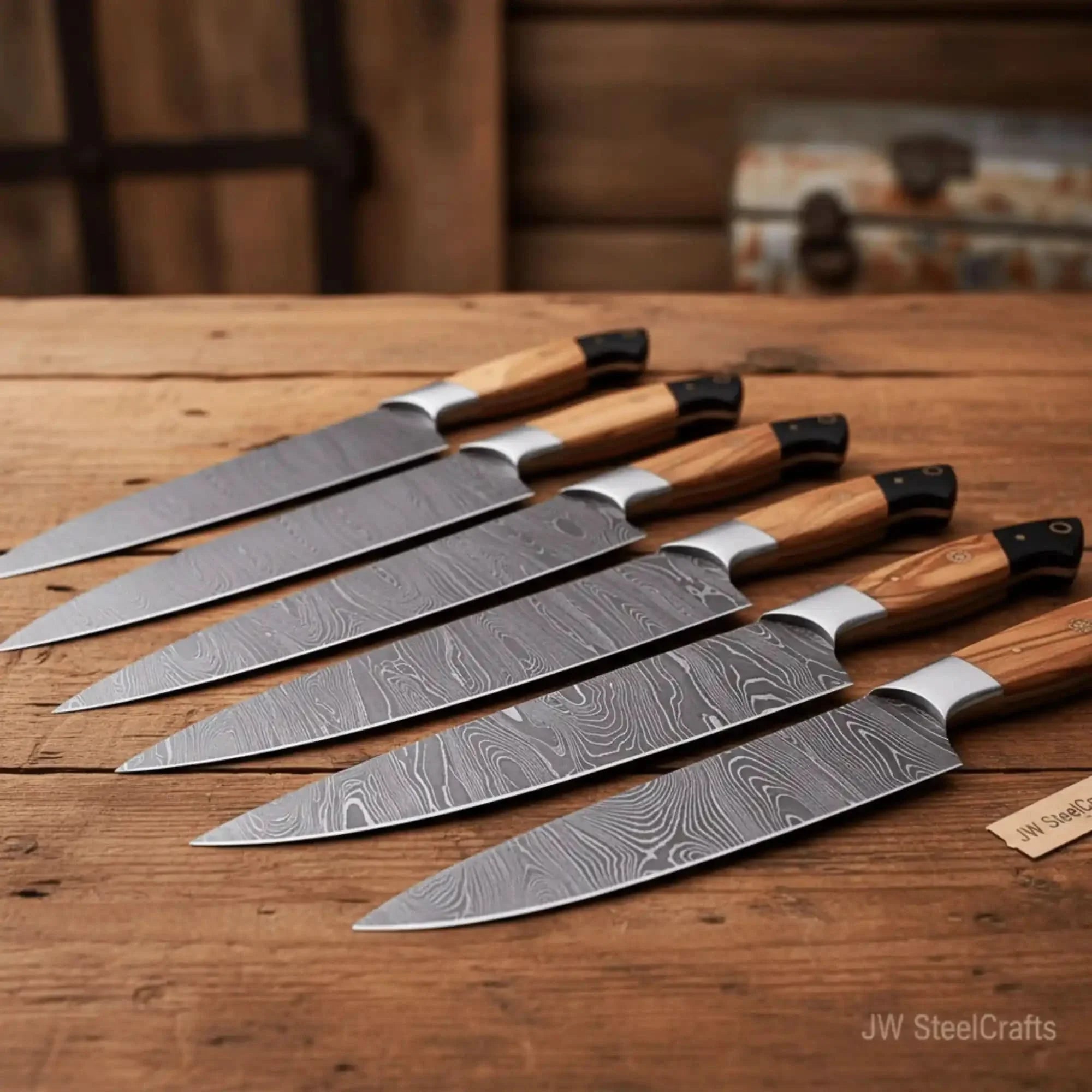 Handmade Damascus Knife Set, Olive Wood &amp; Resin Handle