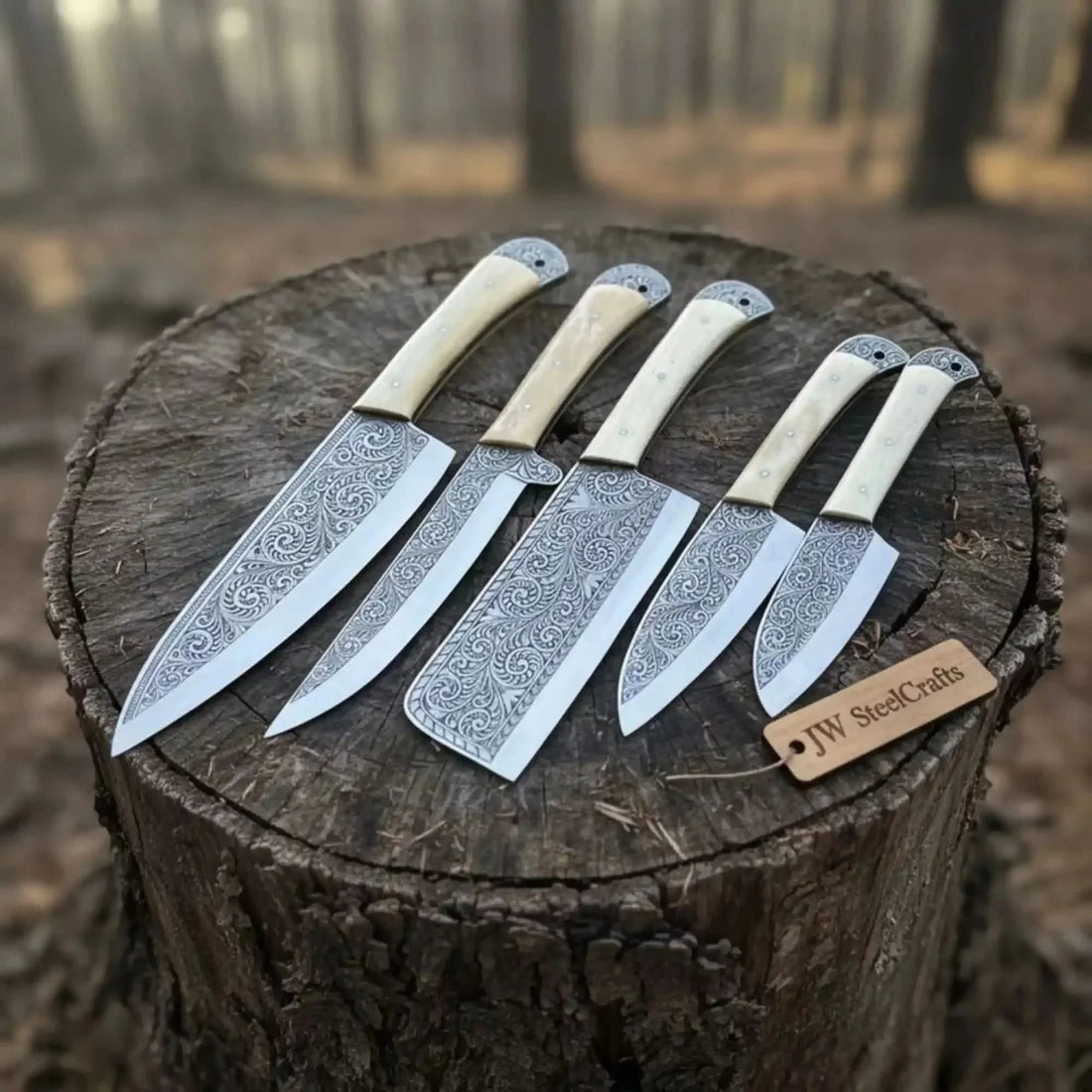 High Carbon Steel Butcher Knife Set – Cleaver, Chef, Slicer, Boning &amp; Utility Knives, Hand Engraved Blades, Bone Handles, Full Tang