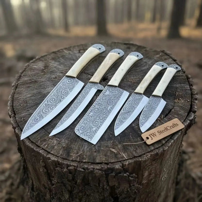 High Carbon Steel Butcher Knife Set – Cleaver, Chef, Slicer, Boning &amp; Utility Knives, Hand Engraved Blades, Bone Handles, Full Tang