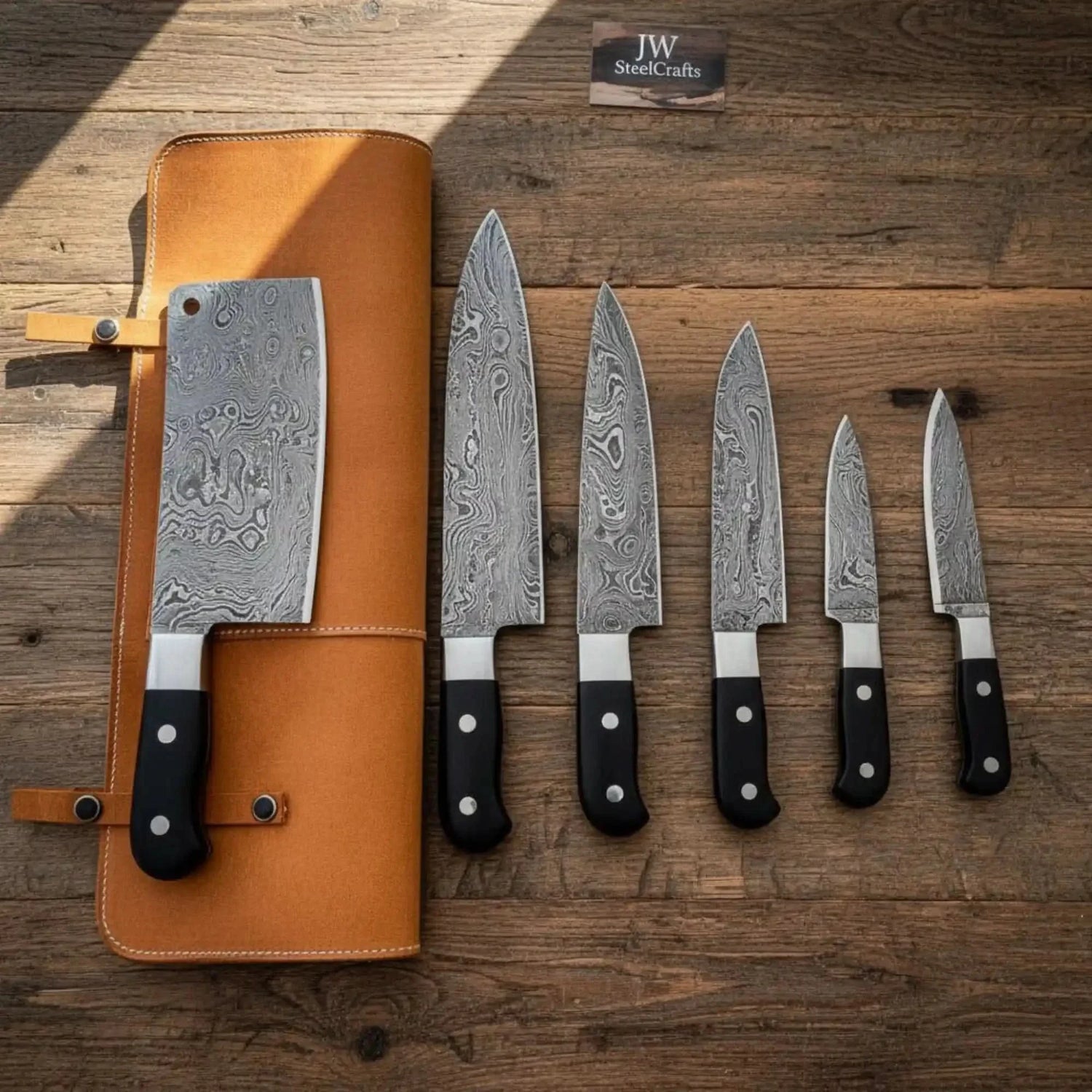 6-Piece Custom Damascus Culinary Knife Set with Cleaver &amp; Black Resin Handles