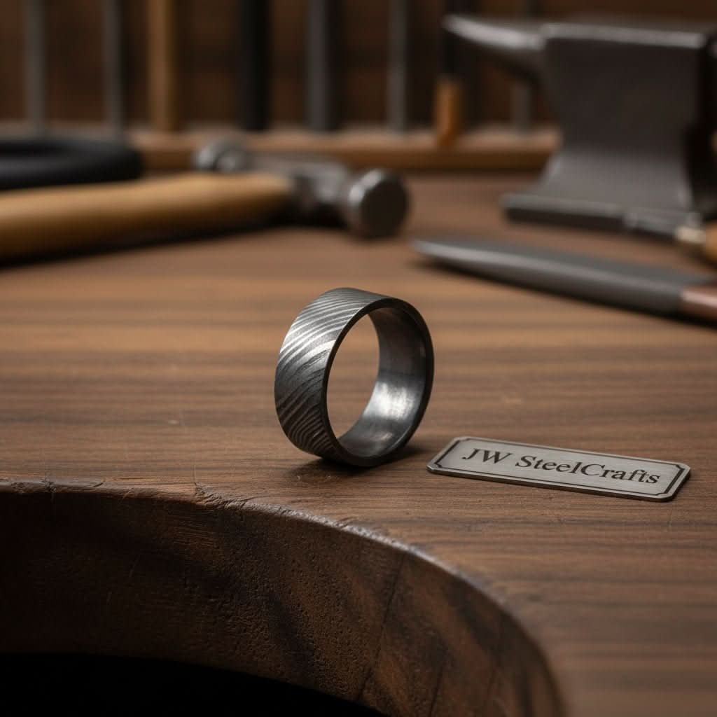Flat Damascus Wedding Band with Wide Squared Edges