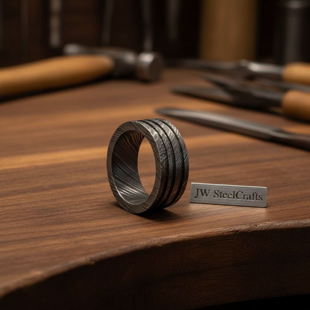 Silver Damascus Triple Groove Ring with Bright Finish
