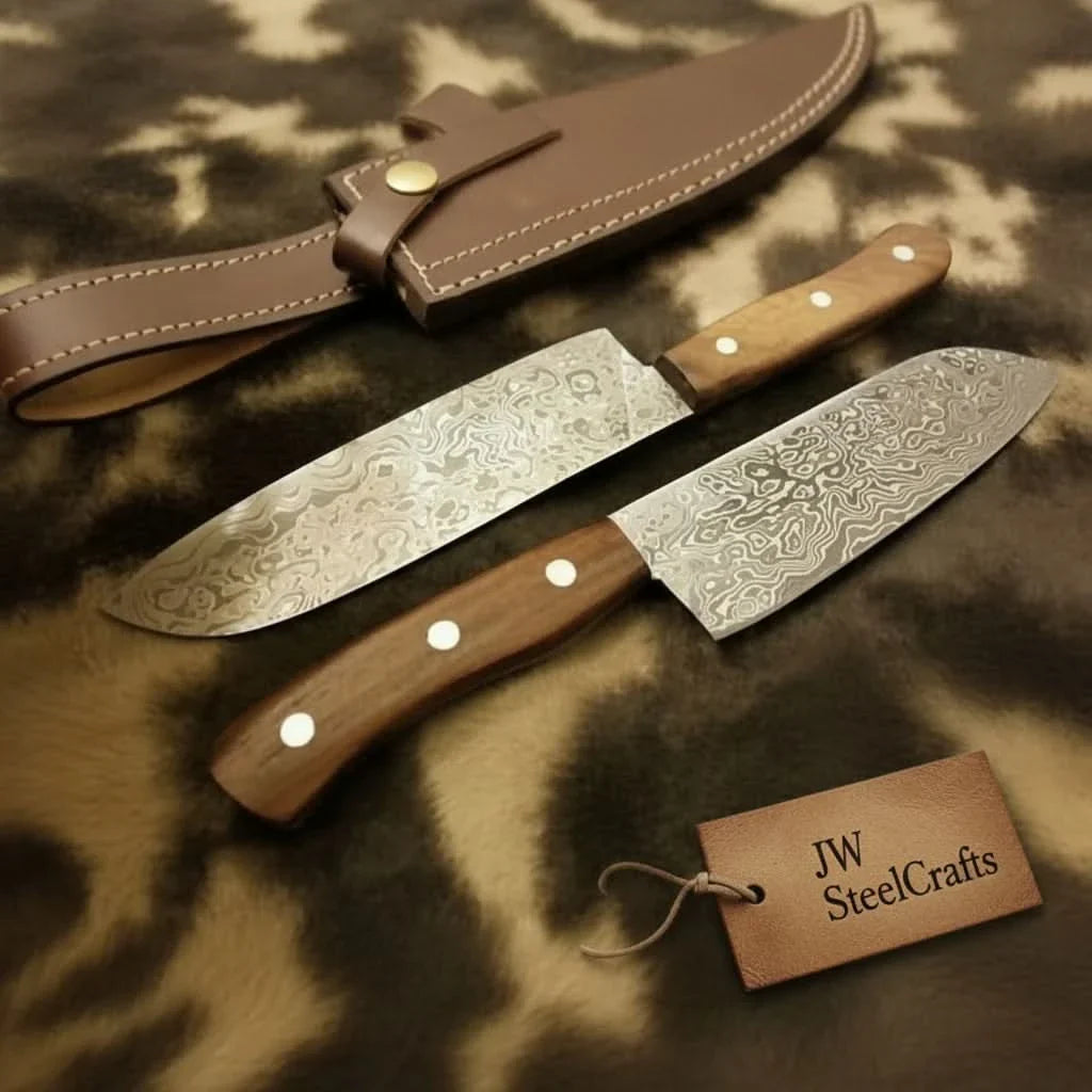 Raindrop Damascus Hunting Knife Set – Trailing Point Skinner &amp; Drop Point Hunter with Rosewood Handles | Full Tang Fixed Blade Pair
