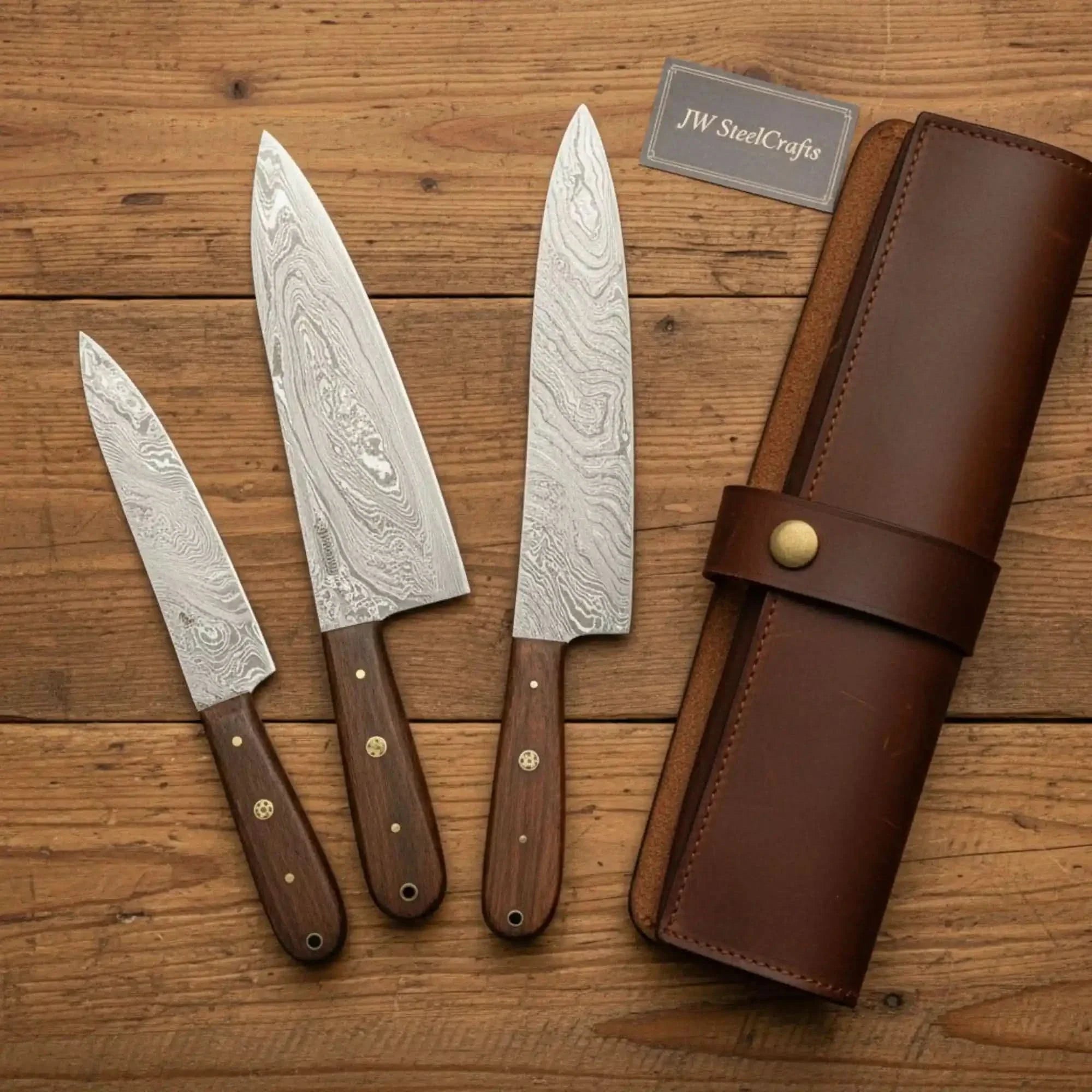 3-Piece Damascus Kitchen Knife Set — Bread, Chef &amp; Paring Knives with Rosewood Handles