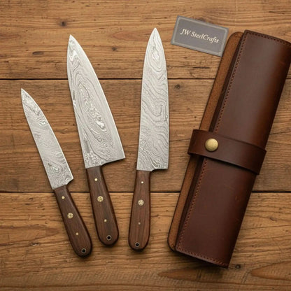 Handmade Damascus Kitchen Knife Set - Chef, Carving, Paring Knives, Walnut Handles