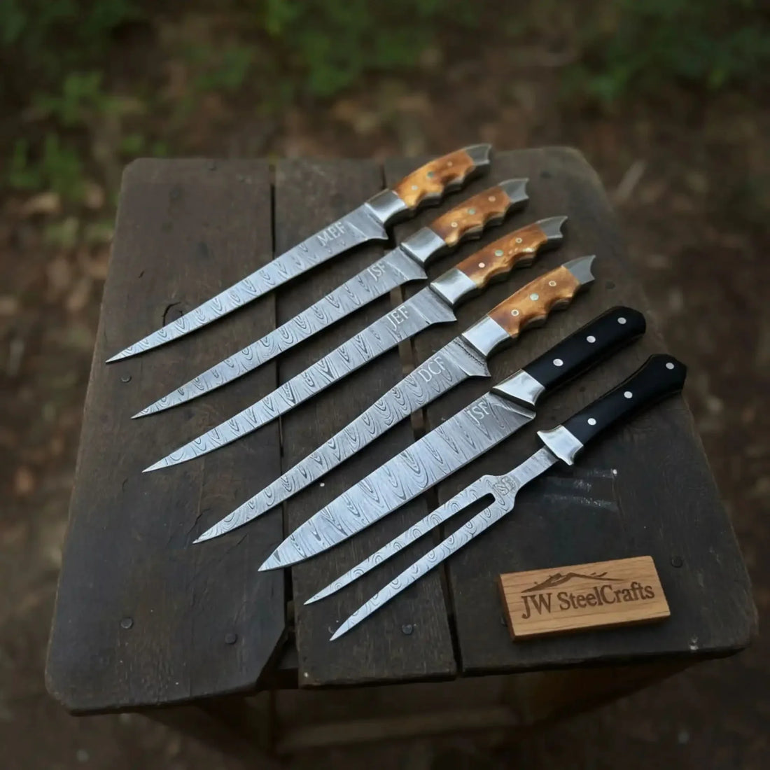 Handmade Damascus Boning &amp; Fillet Knife Set with Black and Orange Resin Handles