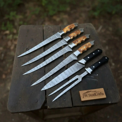 Handmade Damascus Boning &amp; Fillet Knife Set with Black and Orange Resin Handles