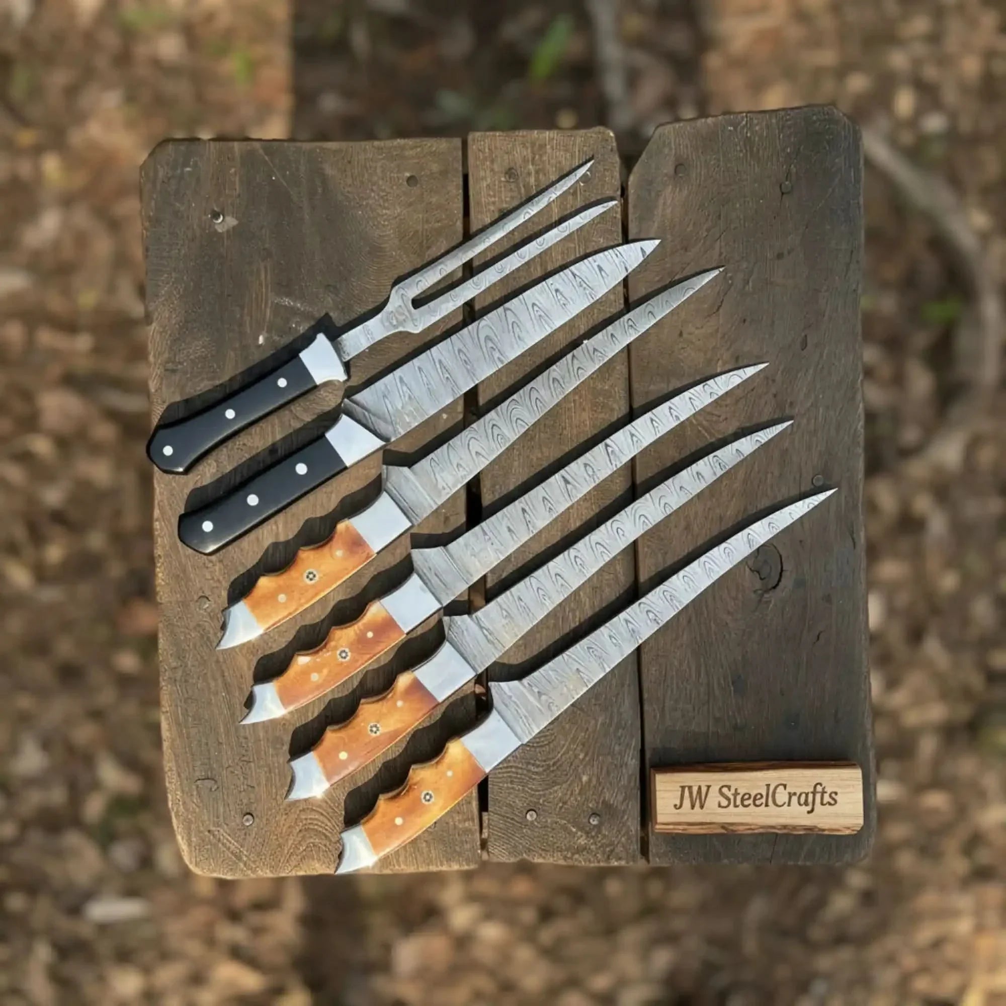 Handmade Damascus Boning &amp; Fillet Knife Set with Black and Orange Resin Handles