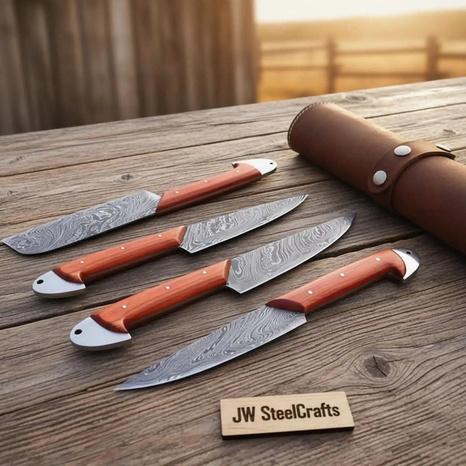 Handmade Damascus Camping &amp; Hunting Knife Set with Orange Wood Handle