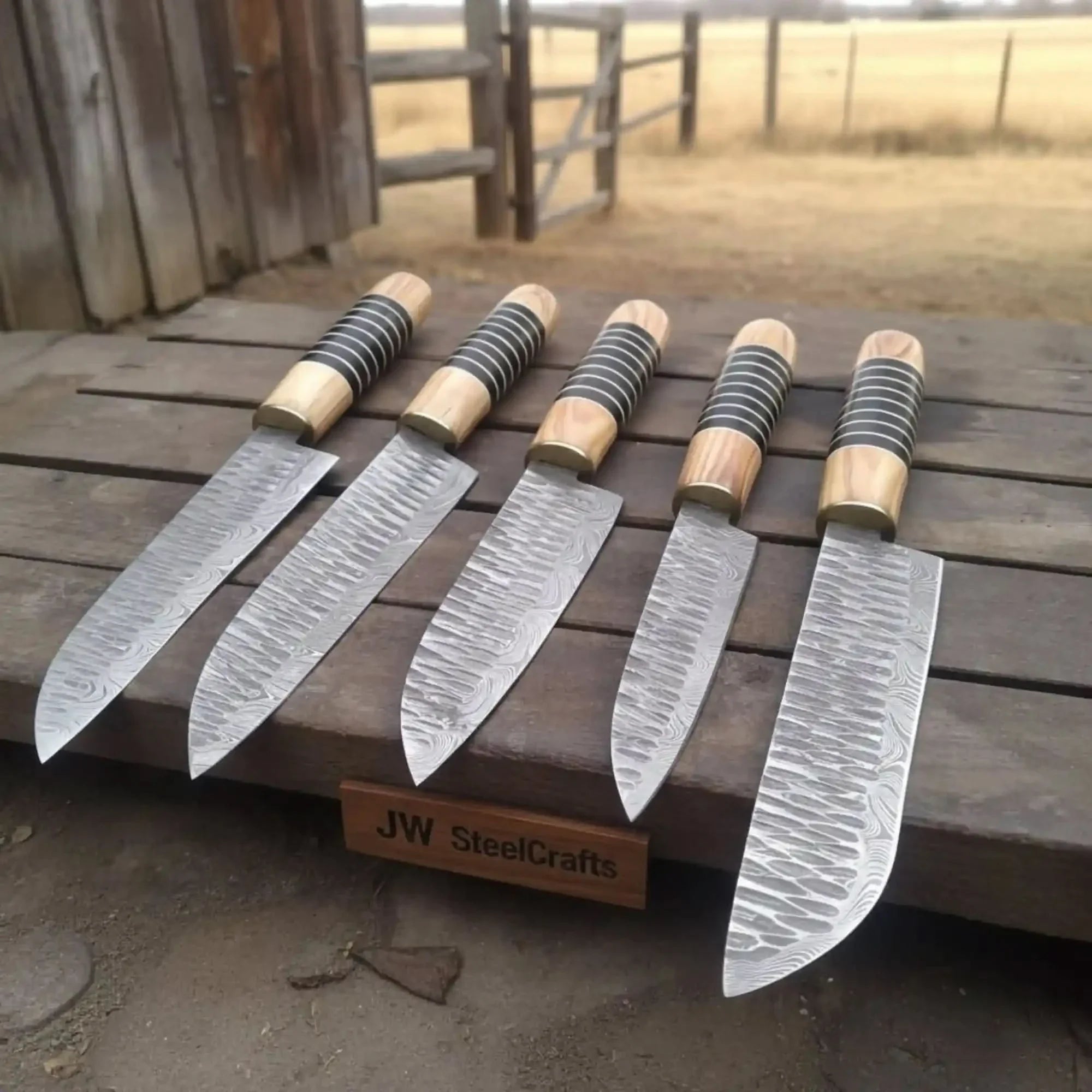 5 Piece Damascus Chef Knife Set | Handmade Kitchen Knives Olive Wood &amp; Resin Handles