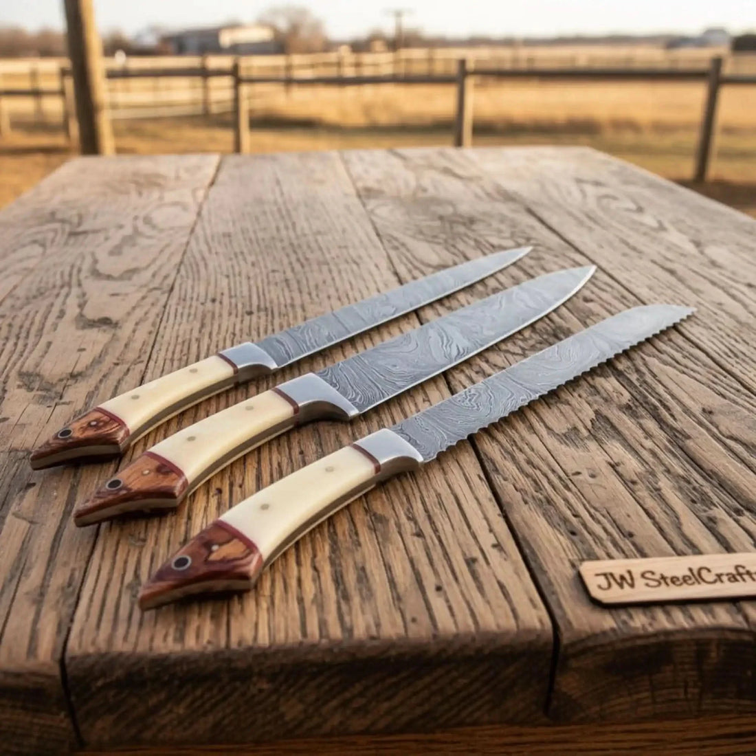 Handmade Damascus Steel Kitchen Knife Set with Bone and Wood Handles
