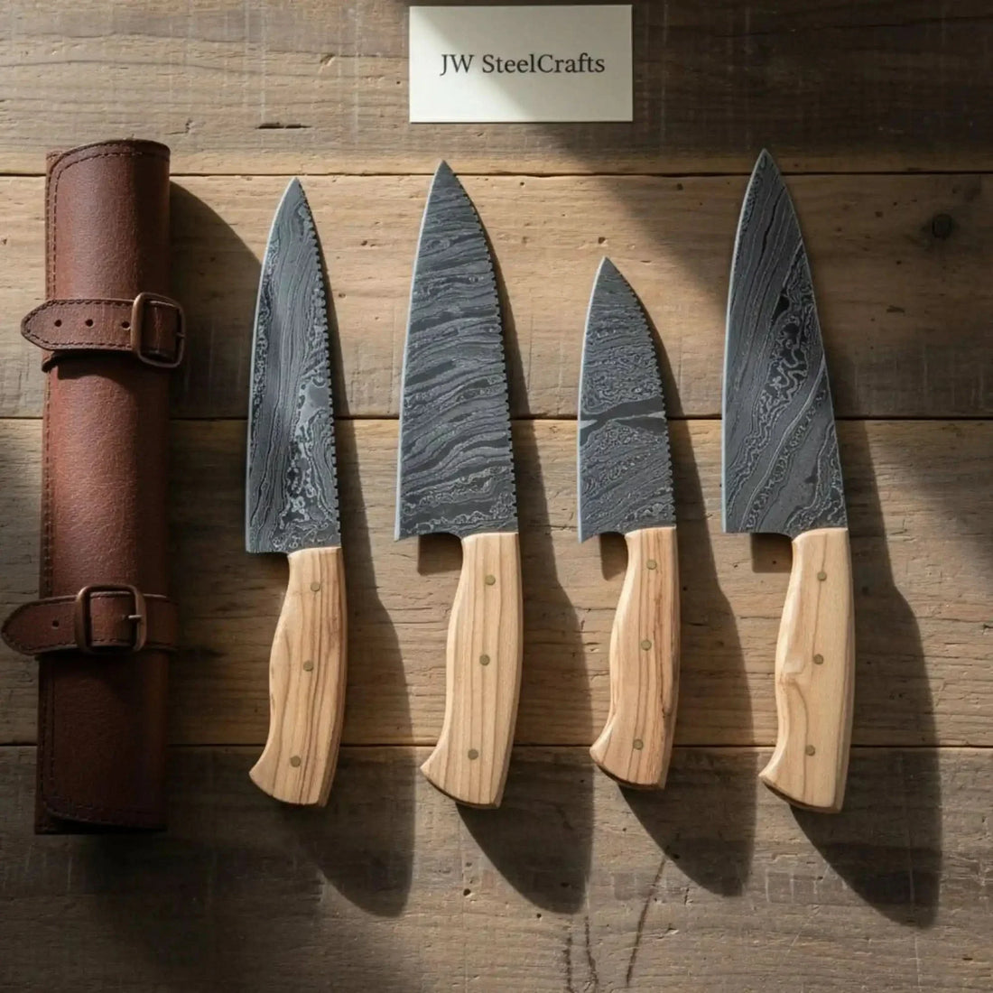 Handmade Damascus Kitchen Knife Set with Olive Wood Handles &amp; Leather Roll by JW SteelCrafts