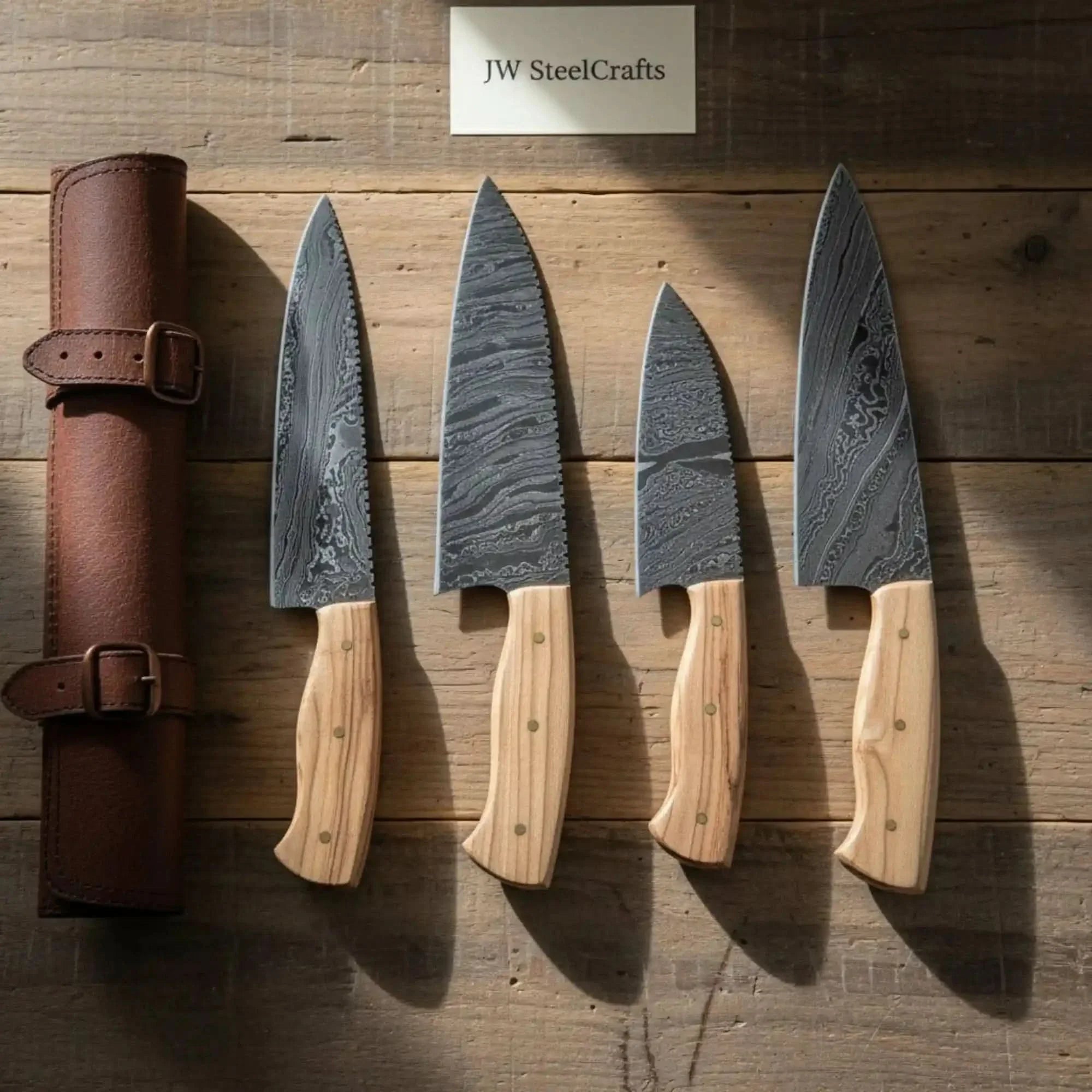 Handmade Damascus Kitchen Knife Set with Olive Wood Handles &amp; Leather Roll by JW SteelCrafts