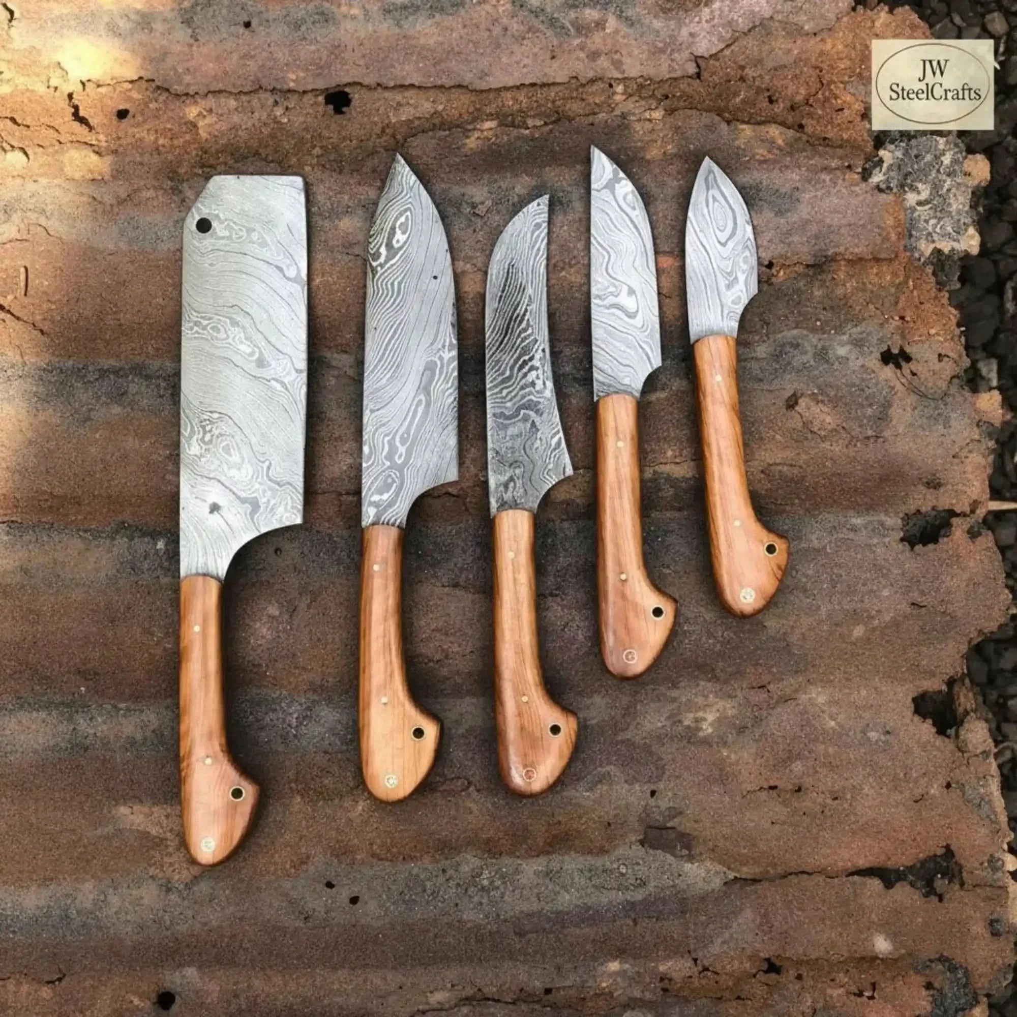 Custom Hand-Forged Damascus 5-Piece Kitchen Knife Set with Olive Wood Handles