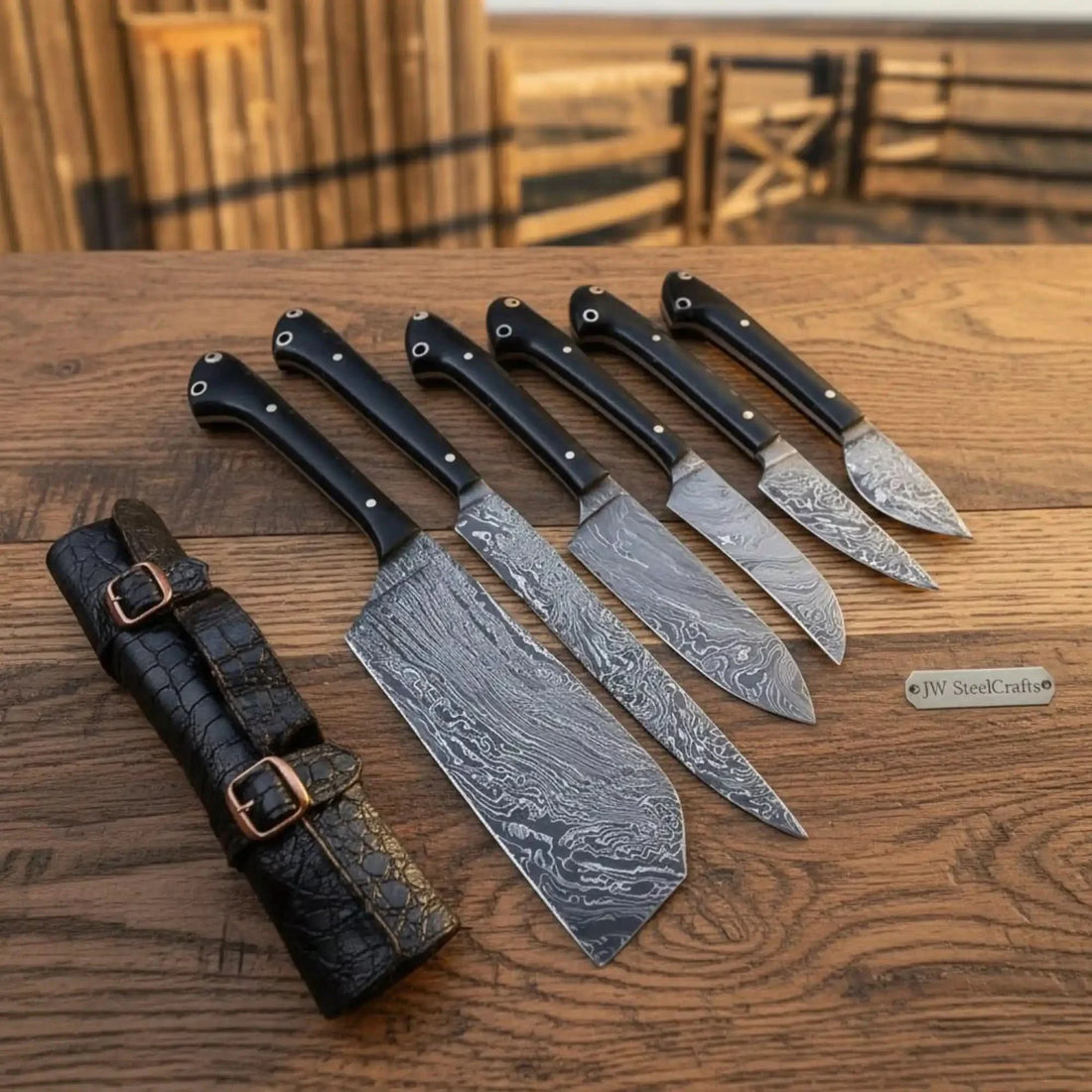 6-Piece Damascus Chef Knife Set – Japanese Chef Collection with Full Tang Blades &amp; Leather Roll