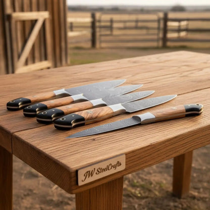 8-Piece Damascus Fillet &amp; Precision Utility Knife Set — Olive Wood &amp; Black Resin Handles, Full Tang with Steel Bolster