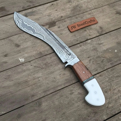 Damascus Gurkha Kukri Knife Handmade 10-Inch Curved Blade with Resin &amp; Wood Handle