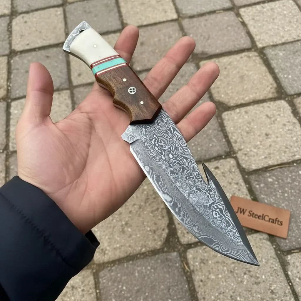 Damascus Gut Hook Hunting Knife — Bone, Turquoise Resin &amp; Rosewood Handle