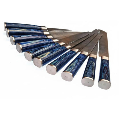 10-Piece Handmade Damascus Kitchen Knife Set – Blue Pakkawood Handles | Chef, Santoku, Cleaver, Bread, Slicing, Boning, Utility &amp; Paring