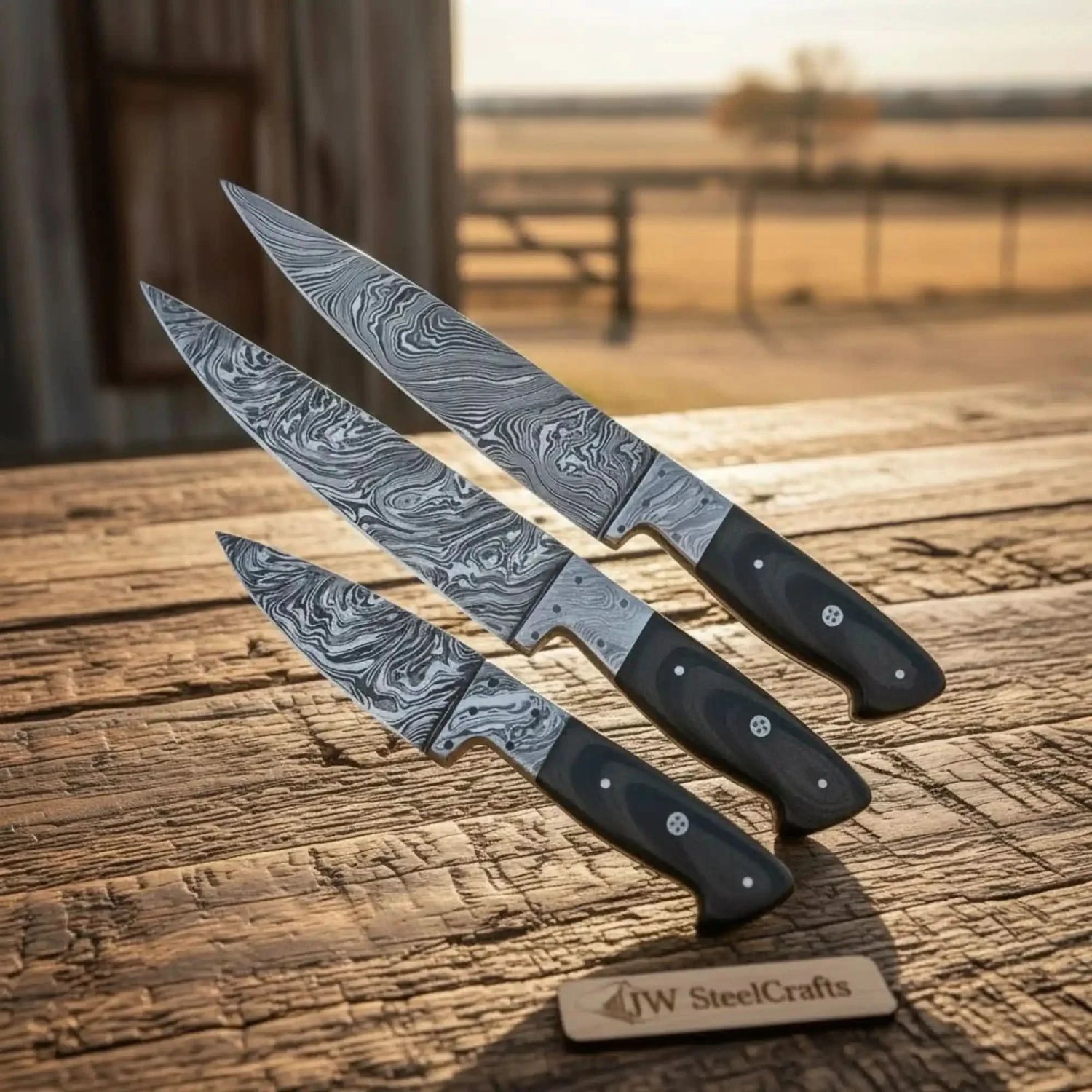 3 pcs Handmade Damascus Chef Knife Set, Professional Grade Black Micarta Handle Knives