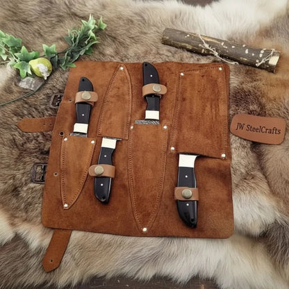 Damascus Kitchen Knife Set, Handcrafted with Black Micarta Handles, Leather Roll Included