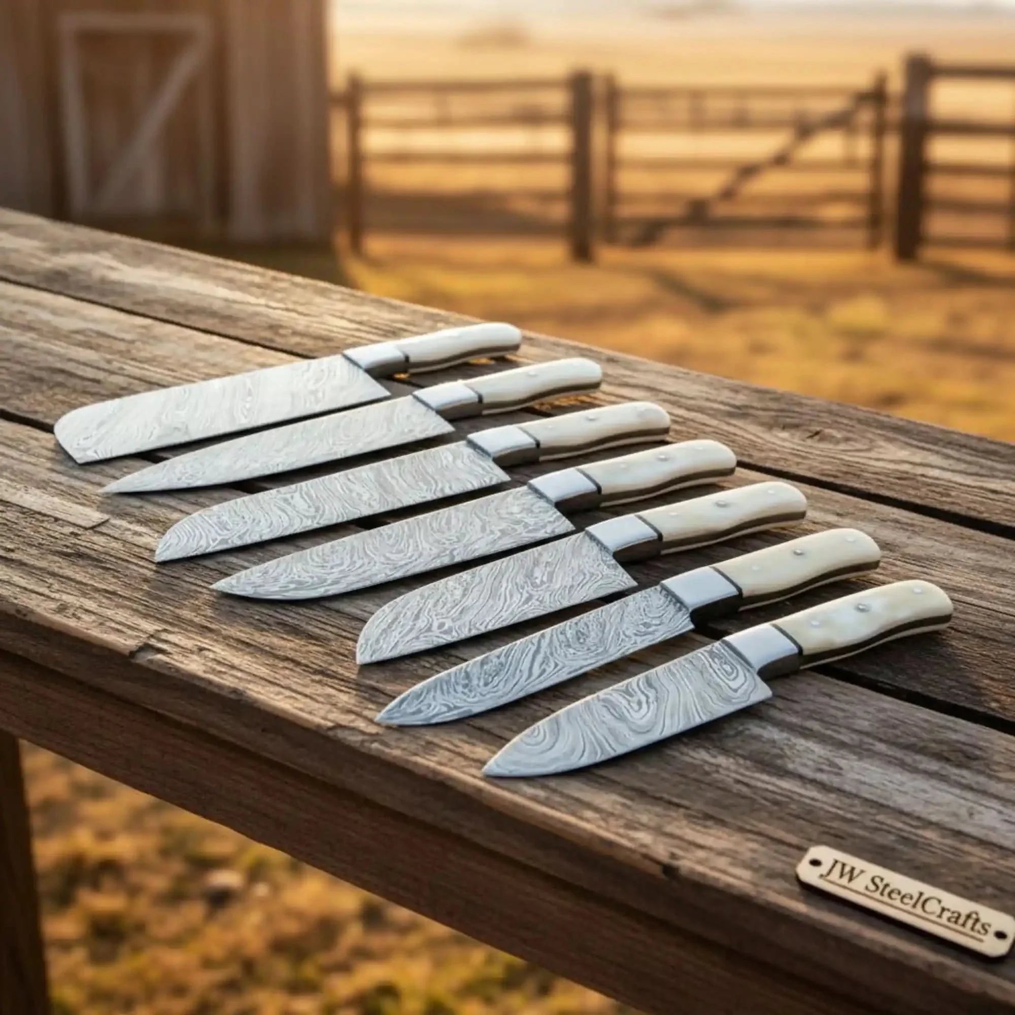 7-Piece Handmade Damascus Steel Kitchen Knife Set – Camel Bone Handles | Chef, Santoku, Slicer, Utility, Boning, Paring &amp; Petty
