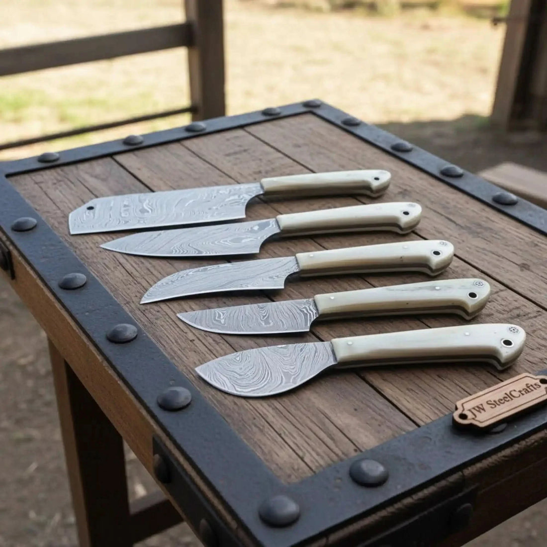 5-Piece Handmade Damascus Steel Kitchen Knife Set – White Micarta Handles | Chef, Santoku, Utility, Paring &amp; Petty Knives