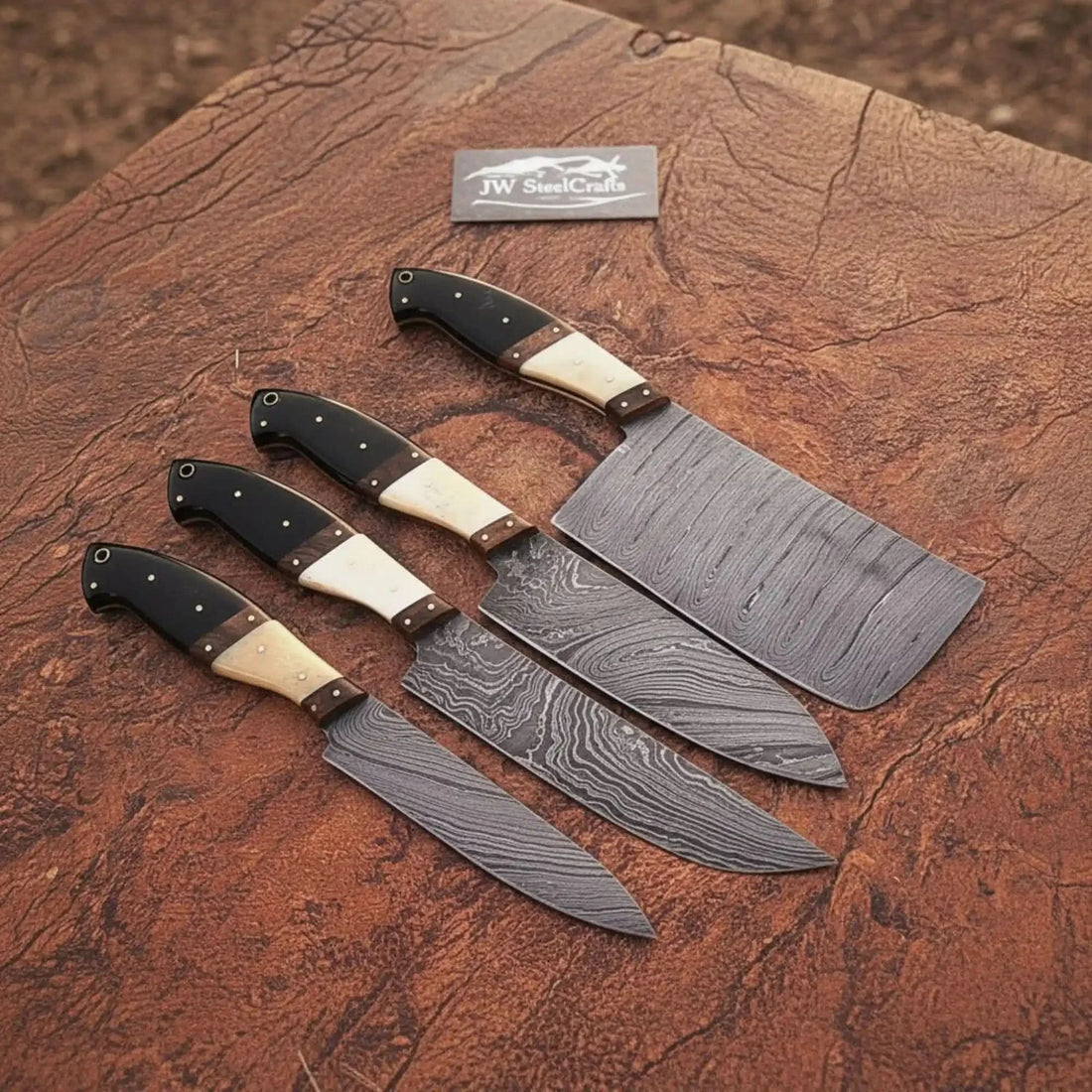 Handmade Damascus Steel Chef Knife Set with Bone &amp; Wood Handle, 4-Piece Kitchen Cutlery Collection