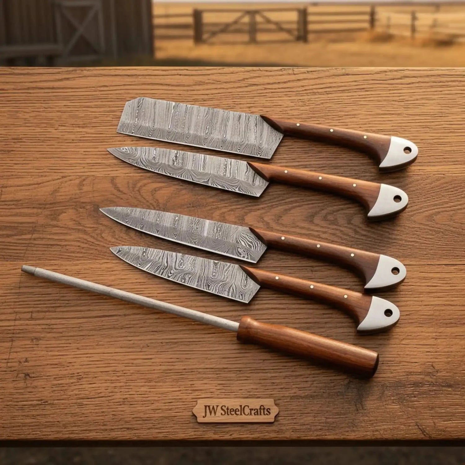 Pattern-Welded Damascus Kitchen Set — Tall Cai Dao Cleaver, Nakiri, Gyuto &amp; Petty Knife