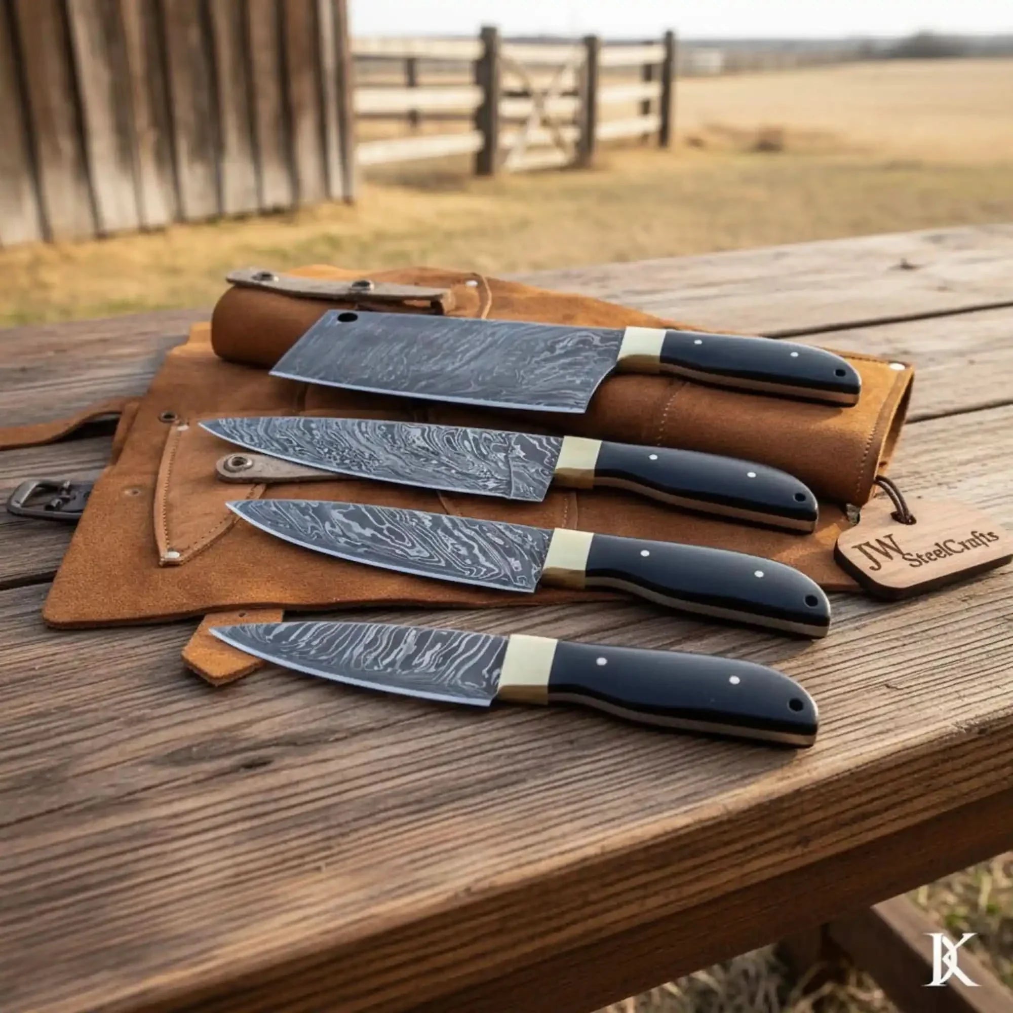 4-Piece Damascus Kitchen Knife Set — Bread, Chef, Utility &amp; Paring with Black Resin Handles, Brass Bolsters &amp; Leather Roll
