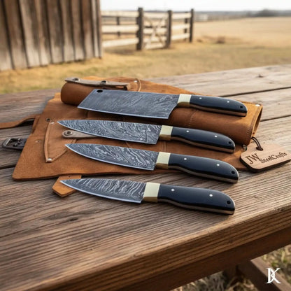 Damascus Kitchen Knife Set, Handcrafted with Black Micarta Handles, Leather Roll Included